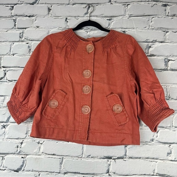 LAL Live A Little 100% Linen Button Blazer Short Sleeve Orange Lagenlook Small - Picture 1 of 7